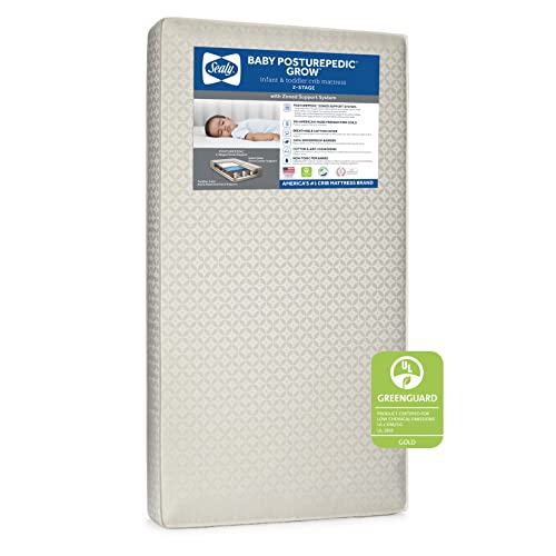 Sealy Baby Posturepedic Grow Breathable 2-Stage Dual Firmness Waterproof Baby Crib Mattress & Toddler Bed Mattress, 204 Premium Coils, Hypoallergenic Cotton, Certified, Made in USA, 52'x28'