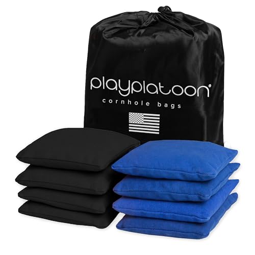 Play Platoon Weather Resistant Cornhole Bags - Set of 8 Regulation Corn Hole Bean Bags - Blue & Black - Durable Duck Cloth Corn Hole Bags for Tossing Game, Includes Tote Bag