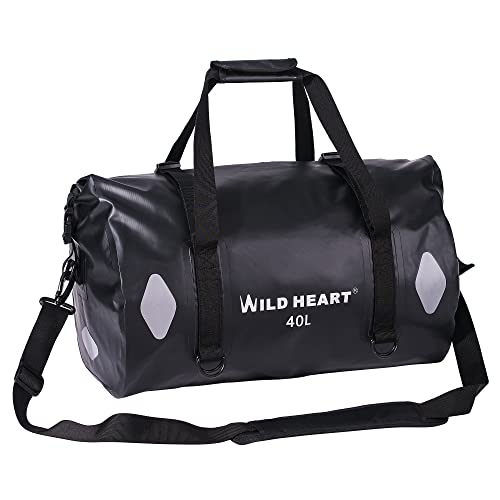 WILD HEART Waterproof Bag Duffel Bag 20L 30L 40L with Welded Seams Shoulder Straps, Mesh Pocket for Kayaking, Camping, Boating,Bicycle,Motorcycle 40L Black