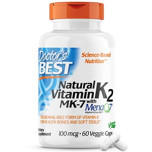 Doctor's Best Natural Vitamin K2 Mk-7 with MenaQ7, 100mcg Vitamin K2 Supplement Supports Bone Health, Non-GMO, 60 Veggie Capsules