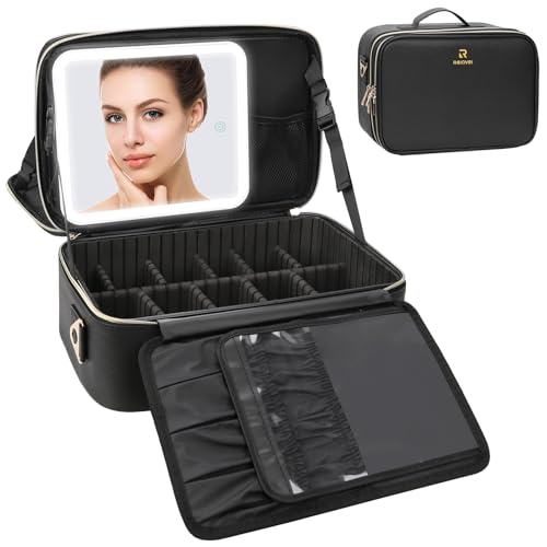 Relavel Makeup Bag with LED Mirror, Makeup Case with Lighted Mirror, Large Capacity Travel Cosmetic Train Case Organizer Box for Women, Dividers and Rechargeable Vanity Mirror with 3 Color Lights