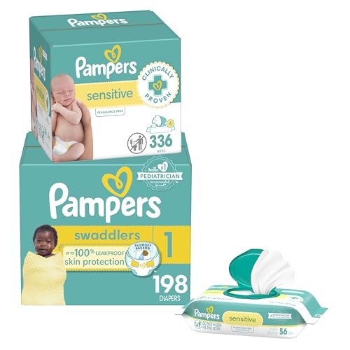Pampers Swaddlers Disposable Baby Diapers Size 1, One Month Supply (198 Count) with Sensitive Water Based Baby Wipes 6X Pop-Top Packs (336 Count)