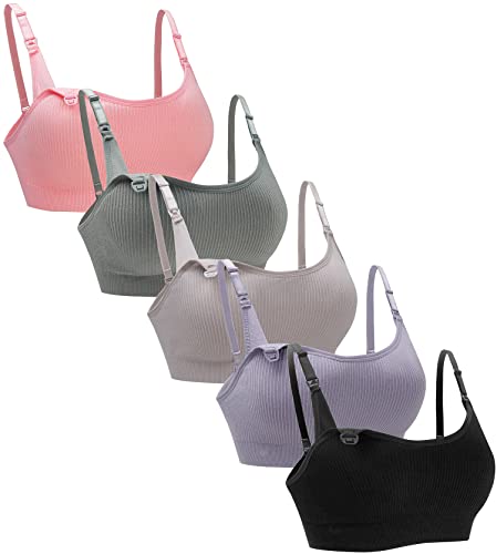 Suekaphin 5Pack Seamless Nursing Bra Women Maternity Breastfeeding Pregnancy Support Full Coverage Bralette Padded Cups,Large,Sort Rib-A