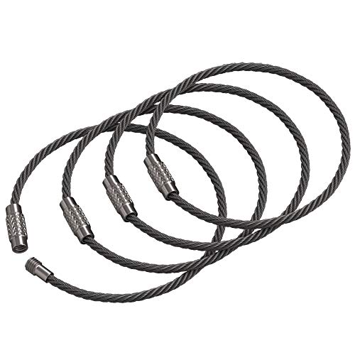 Metal Cable Key Ring Wire Durable Car Flexible Keychain Carabiner Large Keyrings Loop Luggage Tag (Asphalt, 4pcs 2mm 6,3')