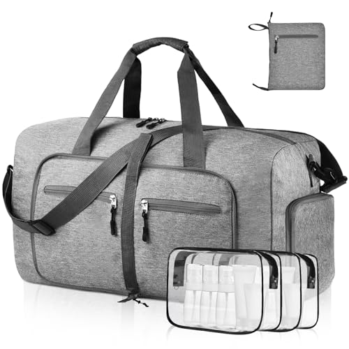 65L Packable Duffle Bag with Shoes Compartment Unisex Water-Resistant Travel Bag(Grey,65L)