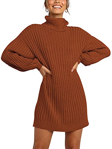 ANRABESS Sweater Dress for Women Long Sleeve Turtleneck Oversized Chunky Knit Warm Midi Fall Dress Casual Loose Fit Cute Short Dresses Maternity Outfits Fashion Outfits A240jiaotang-S Caramel