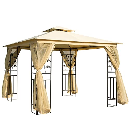 Outsunny 10' x 10' Metal Patio Gazebo, Double Roof Outdoor Gazebo Canopy Shelter with Tree Motifs Corner Frame and Netting, for Garden, Lawn, Backyard, and Deck, Beige