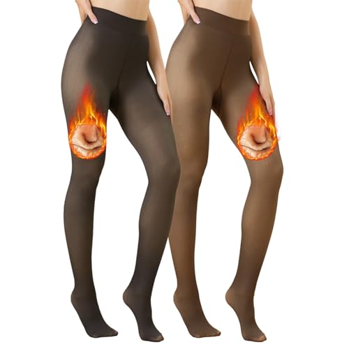 Vertvie 2 Pairs Fleece Lined Tights for Women Thermal Pantyhose Fake Translucent Winter Warm Tights Thick Leggings (220g-Thin Fleece,Coffee Sheer/Black Sheer,Small-Medium)