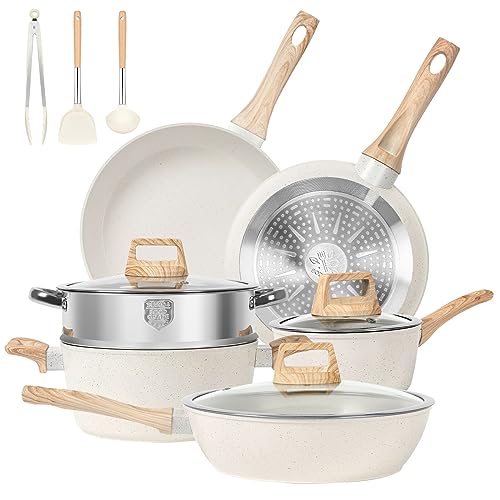 SODAY Pots and Pans Set Non Stick, 12 Pcs Kitchen Cookware Sets Induction Cookware Granite Cooking Set with Frying Pans, Saucepans, Steamer Silicone Shovel Spoon & Tongs (White)