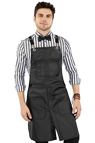 Under NY Sky Cross-Back Black Apron – Chrome Hardware, Coated Twill, Leather Reinforcement, Split-Leg – Adjustable for Men, Women, Pro Barber, Tattoo, Hair Stylist, Barista, Bartender, Server Aprons