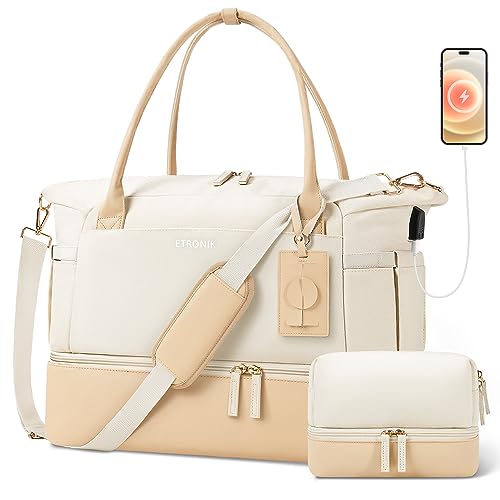 Gym Bag for Women, Canvas Travel Duffle Bag with USB Charging Port, Weekender Overnight Bag with Wet Pocket and Shoes Compartment for Women, Travel, Gym, Yoga, Beige/Khaki