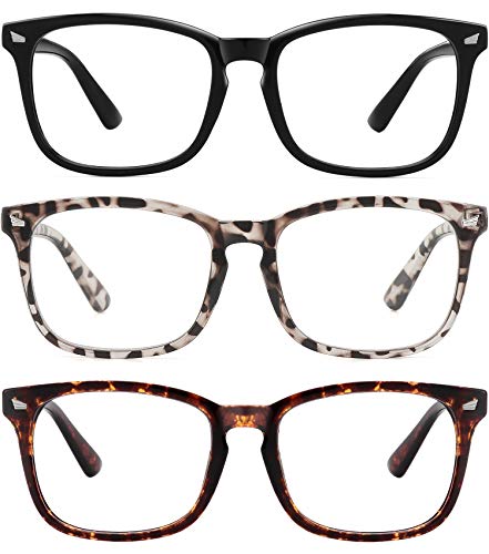 MEETSUN Blue Light Blocking Glasses, Anti Eye Strain Headache (Sleep Better),Computer Reading Glasses UV400 Transparent Lens (Black+Leopard+Tortoise, 53)