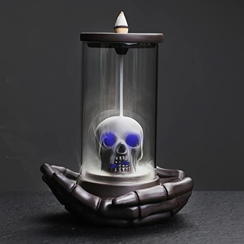 HaisWonsa Skull Incense Burner Holder - Backflow Waterfall , LED Ceramic Unique Skeleton Incense Burner with 15 Incense Cones for Halloween/Aromatherapy/Yoga/Home/Room/Office Deco