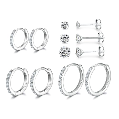 Sterling Silver Hoop Earrings | Sterling Silver Stud Earrings for Women - 6 Pairs Hypoallergenic Tiny Cubic Zirconia Stud Earrings Set & Cartilage Earring Hoops