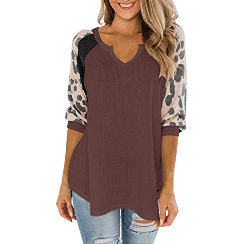 Meikosks Leopard Print T Shirt Womens Three Quarter Sleeve V-Neck Top Casual Blouses Wine