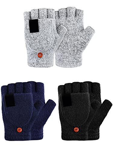 SATINIOR 3 Pack Winter Knitted Convertible Fingerless Gloves Warm Mitten Glove for Women and Men (Black, Light Grey, Navy Blue, Large)