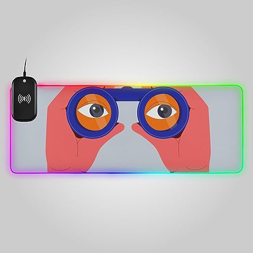 VIGTRO 15W Wireless Charging Pad, Gaming Mouse Pad 14 Light Modes RGB Binoculars Hands Eyes, Non-Slip Keyboard Mat for PC, Laptop 31.5x11.8in