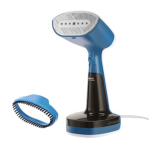 Sunbeam 1600W Turbo Handheld Steamer, Dual Steam Settings, 8 Minutes of Continuous Steam, Anti-Drip, Non-stick Stainless-Steel Faceplate, 10' 360° swivel cord, Bristle Brush Attachment, White and Blue
