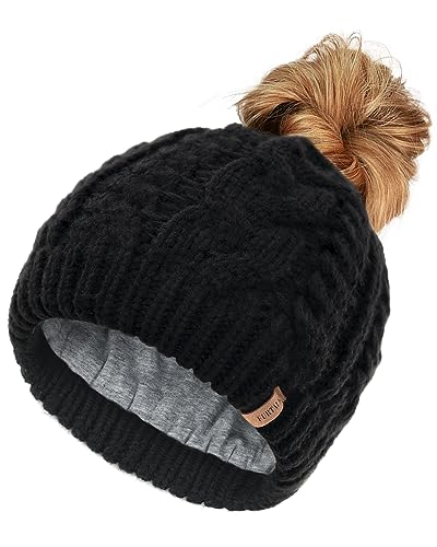 FURTALK Ponytail Beanies for Women Messy Bun Winter Hat with Tail Hole Cotton Lined Knit Skull Beanie Outdoor Runner Cap Black