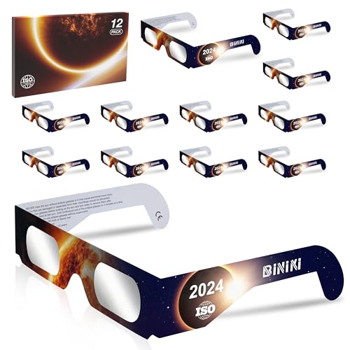 Biniki Solar Eclipse Glasses NASA Approved 2024 - CE & ISO Certified Safe Shades for Direct Sun Viewing for Solar Eclipse (12 Packs)