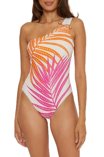 Trina Turk Women's Standard Sheer Maillot Piece Swimsuit, One Shoulder, Tropical Palm Leaf Print, Bathing Suits, Multicolor
