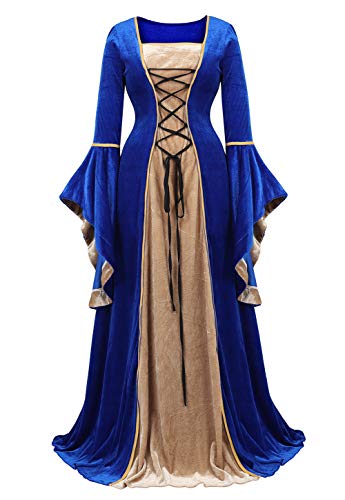 Haorugut Blue Medieval Dress for Women Costume Witch Dress Ball Gown Blue Renaissance Dress Long M