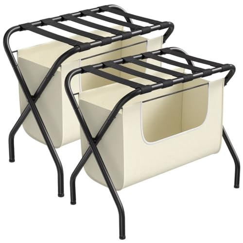 ELYKEN 2 Pack Luggage Rack with Laundry Bag, Guest Room Folding Space Saving Suitcase Holder, Max 110LBS Baggage Shelf with Heavy Duty Nylon Belts, Dirty Clothes Storage for Bedroom Hotel
