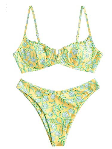 ZAFUL Women's Underwire Bikini Floral High Cut Bikini Set V-Wired Two Piece Swimsuit Bathing Suit (0-Yellow,M)