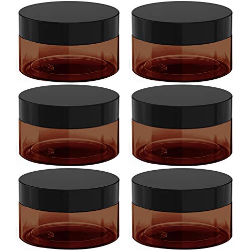 8 oz Amber Plastic Cosmetic Jars Leak Proof Container with Black Lid for Cream, Lotion, Powder, ointment, Beauty Products etc, 6 Pcs.