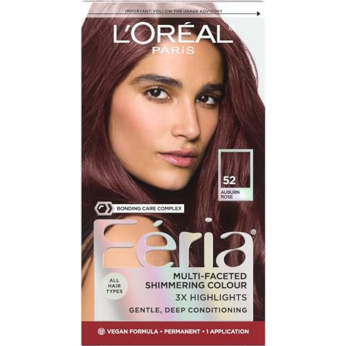 L'Oreal Paris Feria Multi-Faceted Shimmering Permanent Hair Color, High Intensity Hair Dye for 3X Highlights, 52 Auburn Rose, 1 Hair Dye Kit