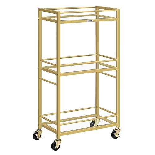 MAHANCRIS Bar Cart for The Home, Home Bar Serving Cart, Gold Bar Cart with 3-Tier Glass Shelf, Wine Holders, Glass Holder, Mini Bar Cart for Small Space, Kitchen, Dining Room, Gold RCJ40B01
