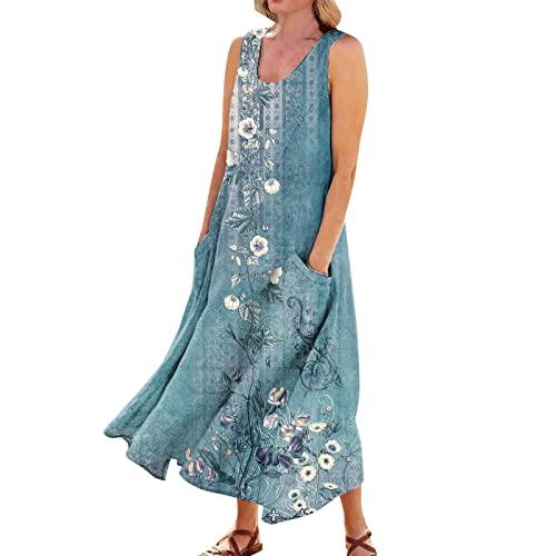 ZXCTKA Dresses for Women 2024,Linen Dress Women 2024 Casual Summer,Summer Dresses for Women 2024 Casual Print Boho Sundress Crew Neck Sleeveless Pockets Beach Vacation Maxi Dresses