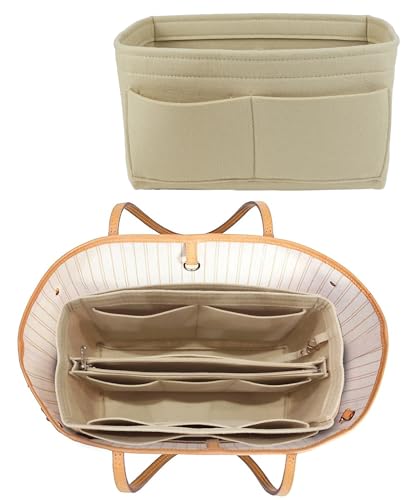 Lmeison Purse Organizer Insert for Handbags, Tote Bag Organizer with Zipper, Purse Insert for Marc Jacobs, Neverfull Mm Speedy and More, Beige, Large
