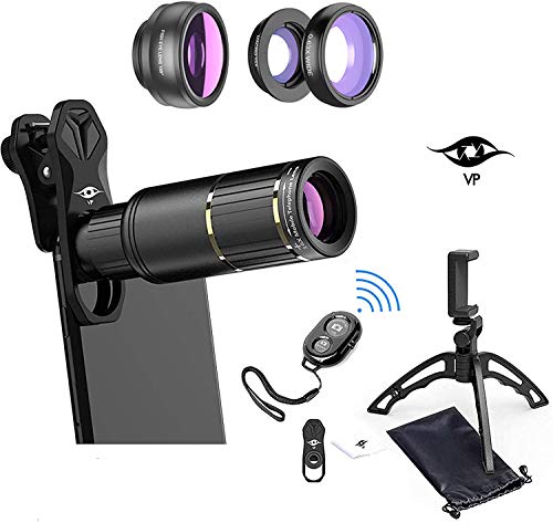 ViewPoint Phone Camera Lens Phone Lens Kit [Upgraded 2023] 16X Zoom Lens Telescope Telephoto - Wide Angle - Macro - Fisheye - Clip On Lenses for iPhone - Samsung - Pixel - Android - Bluetooth Remote