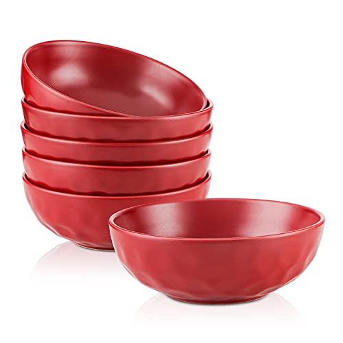 vicrays Ceramic Pasta Bowls Set, 30 Ounce Soup Bowls, Large Salad Bowls, Chip Resistant, Dishwasher Microwave Safe, Fluted stoneware Bowls for Kitchen, Serving Bowls, Set of 6 (Red)