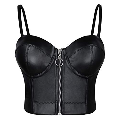Charmian Women's Spaghetti Straps Gothic PU Leather Corset Bustier Front Zipper Crop Top Bra Black Medium