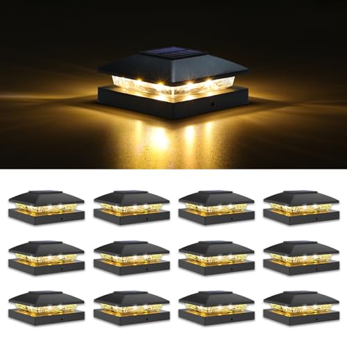 VOLISUN 4x4 Solar Post Cap Light 12pack,Solar Fence - Post Lights Outdoor Waterproof for Wooden/Vinyl Post, Black Deck Post Cap Light Solar Powered with Warm White for Garden/Patio/Porch