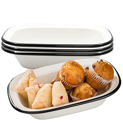 Tablecraft Enamelware Collection Black Rim Solid White Enamel Rectangular Roasting Pan, Camping, Farmhouse, Home & Restaurant, Porcelain Over Steel, Vintage, Boho, Retro, 7.75x5.75x4 Deep, Set of 4