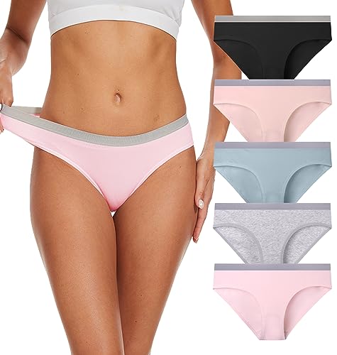 COSOMALL Women's Underwear Cotton Low Rise Stretch Briefs Soft Bikini Ladies Cheeky Hipster Panties 5 Pack (Multi-B L)