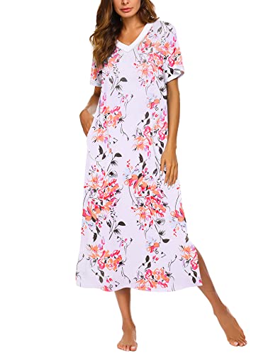 Ekouaer Womens, Nightgown Nightshirt Loungewear, Long, Ultra-Soft Full Length Sleepwear with Pocket, Pink Flowers on White, Medium