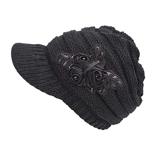 YSense Womens Hats Winter Beanie with Brim Warm Cable Knit Newsboy Cap Visor with Sequined Flowerisor/ Flower,A-Black