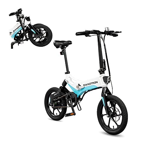 Swagtron Swagcycle EB-7 Elite Folding Electric Bike with Removable Battery and Rear Suspension, Blue/White, 16' Wheels
