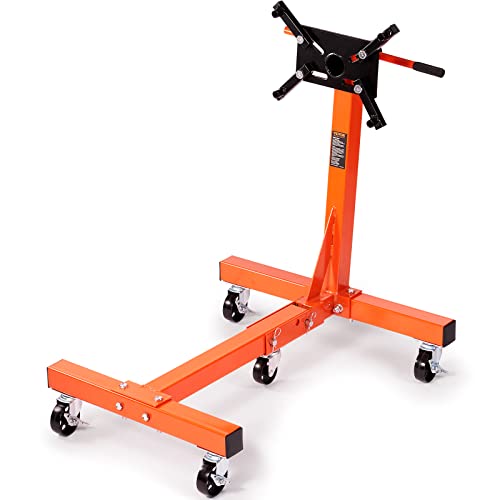 VEVOR Engine Stand, 3/4 Ton (1500 LBS) Capacity Engine Motor Stand, with 360-Degree Rotating Head, Heavy-Duty Steel Engine Lift Stand with 5-Casters, 4 Adjustable Arms, Orange