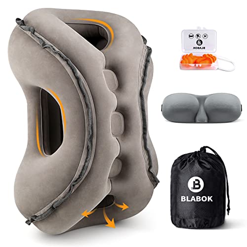 Inflatable Travel Pillow,Multifunction Travel Neck Pillow for Airplane to Avoid Neck and Shoulder Pain,Support Head,Neck,Used for Sleeping Rest, Airplane and Home Use,with Eye Mask, Earplugs,Gray