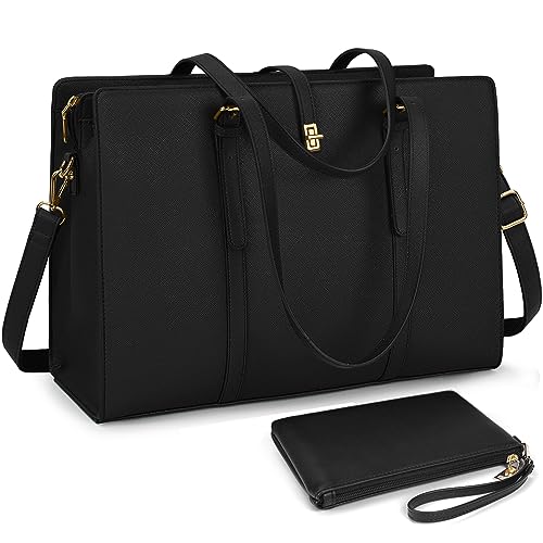 Laptop Bag for Women 15.6 Inch Leather Laptop Tote Bag Waterproof Womens Work Shoulder Bag Professional Computer Briefcase Business Office Bag Fashion Handbag Black