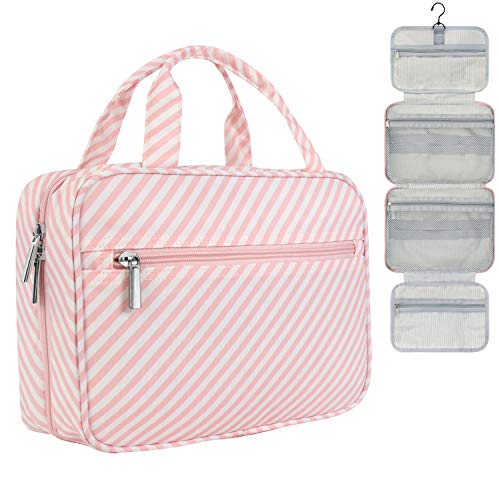 PAVILIA Hanging Toiletry Bag Travel Bag Women Men, Foldable Cosmetic Organizer, Roll up Makeup Bag, Water Resistant Accessories Toiletries, Large Travel Essentials Kit (Pink Stripe)