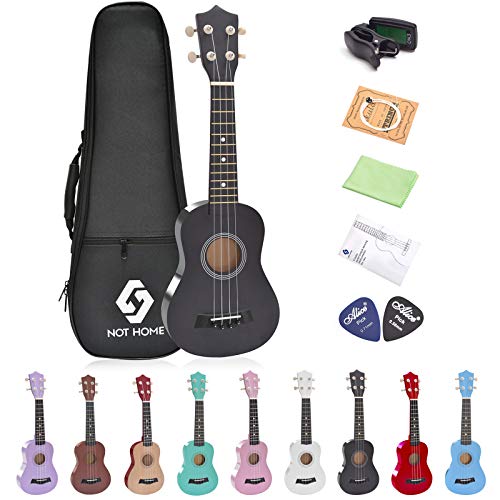 Soprano Ukulele Beginner Pack, 21 Inch Basswood kids Ukuleles Starter Kit with Gig Bag Digital Tuner Spare Strings and Picks. (black)