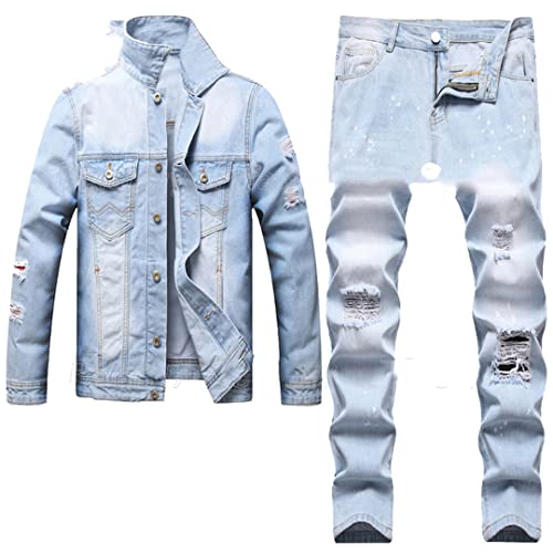 Alonepat Light Blue Ripped Men's Denim Suit Two Piece Sets Side Slit Pocket Denim Coat Pants Denim Suit Jacket XL Jeans 38