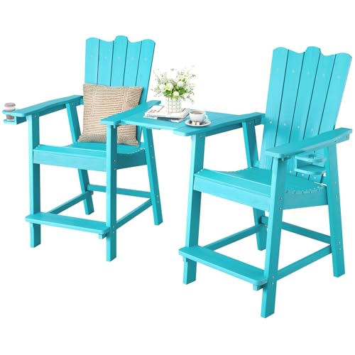 ONBRILL Tall Balcony Chair Set of 2, Patio Adirondack Chairs with Removable Connecting Trays, Outdoor Adirondack Barstools with CupHolder and Umbrella Hole, Bar Height Chairs Perfect for Poolside