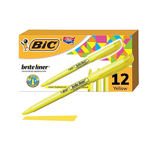 BIC Brite Liner Highlighters, Chisel Tip, Yellow Highlighters, 12-Count, For Broad Highlighting or Fine Underlining